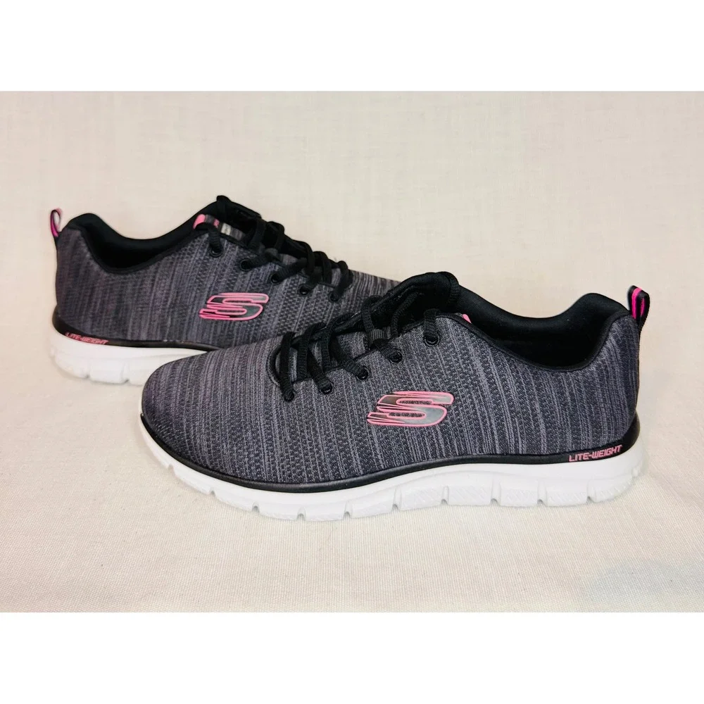 Skechers Lite-Weight Memory Foam Sneakers Charcoal Pink Grey Athletic Shoes